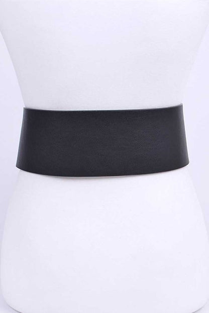 Back view of black plus size oversize statement belt showing wide band.