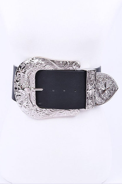 Front view of black plus size belt with silver engraved buckle hardware.