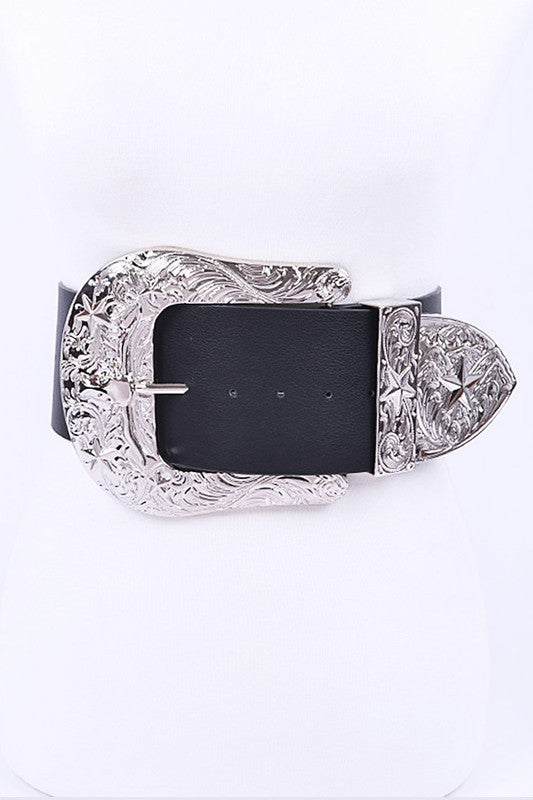 Front view of black plus size belt with silver engraved buckle hardware.