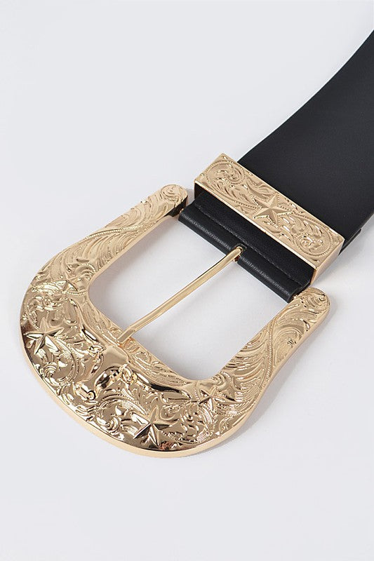 Close-up of gold engraved buckle detail on black plus size belt.