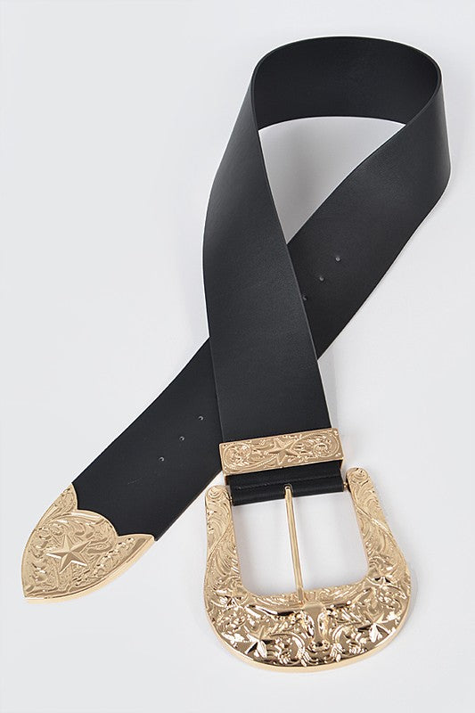 Flat lay of black plus size belt with gold buckle and wide strap.