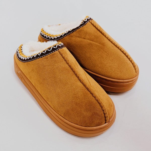 Camel Cozy Cloud Slippers side view showing warm tan tone and cozy fabric.