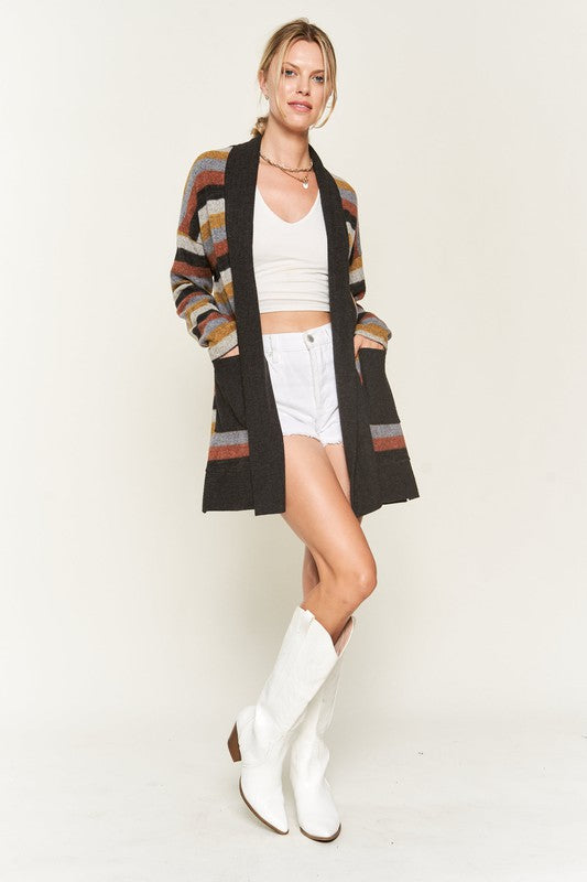 Full body view of Vinni Multi Color Stripe Cardigan styled with casual outfit.
