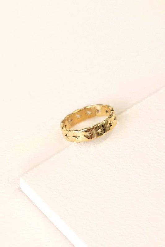 A 14k gold-plated braided ring, available in sizes 6, 7, and 8.