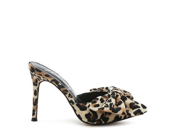 Joelle Pump in leopard print, side profile with 3-inch stiletto heel and bold bow detail