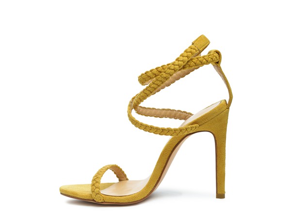 Yellow Sherri Suede Stiletto Sandals with braided ankle straps and cushioned sole