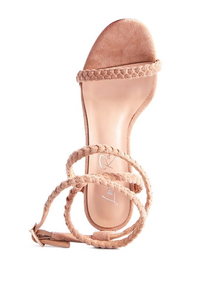 Nude Sherri Suede Stiletto Sandals with braided ankle wrap straps and cushioned insole
