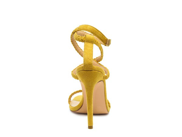 Yellow Sherri Suede Stiletto Sandals highlighting sling-back strap and high heel from back view