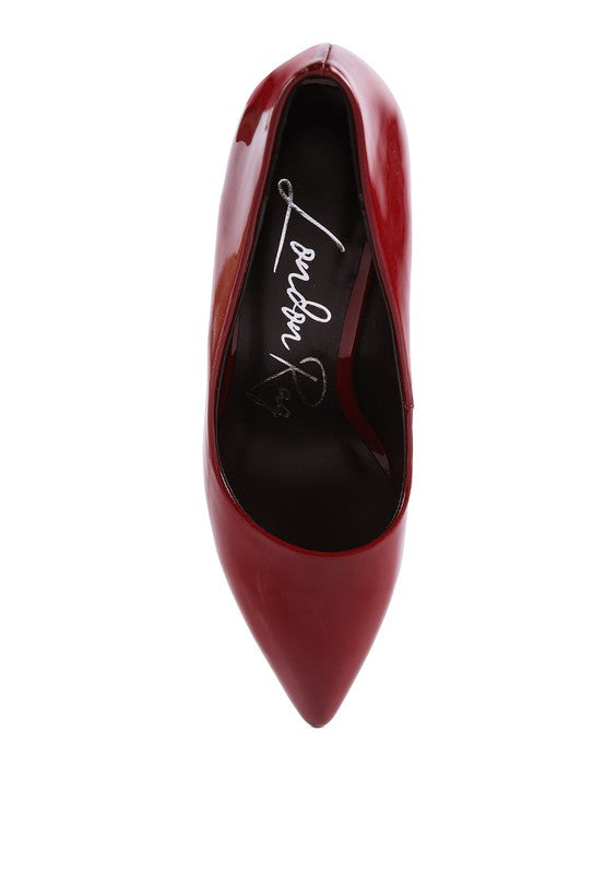 Top view of burgundy Kamira Patent Pumps with pointed toe.