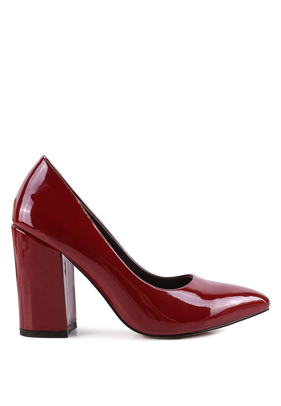 Burgundy Kamira Patent Pumps lateral view with high block heel.