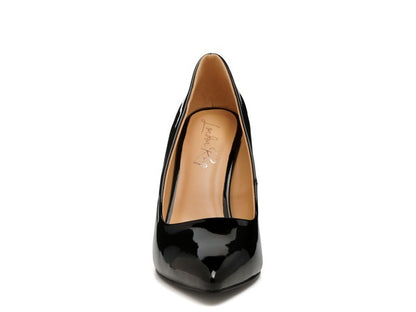 Front view of black Kamira Patent Block Heeled Pumps with patent shine.