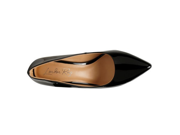 Top view of black Kamira Patent Pumps with pointed toe silhouette.