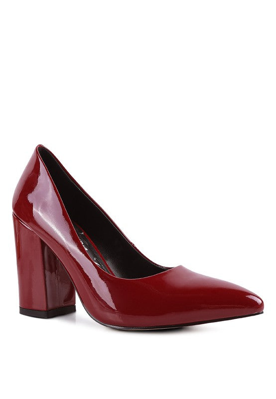 Burgundy Kamira Patent Pumps front angle view with glossy block heel.