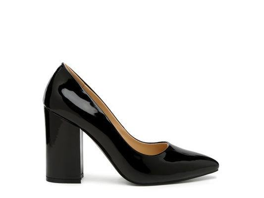 Black Kamira Patent Pumps side angle view showing glossy patent finish.
