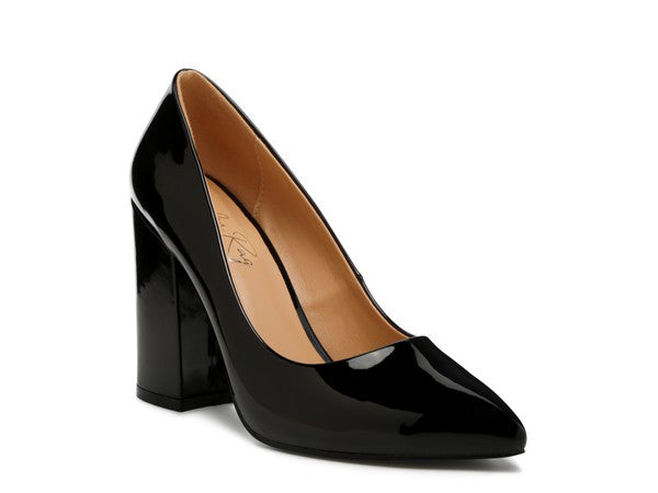 Black Kamira Patent Pumps front angle view with pointed toe and block heel.