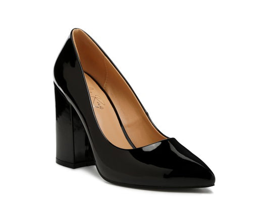 Black Kamira Patent Pumps front angle view with pointed toe and block heel.