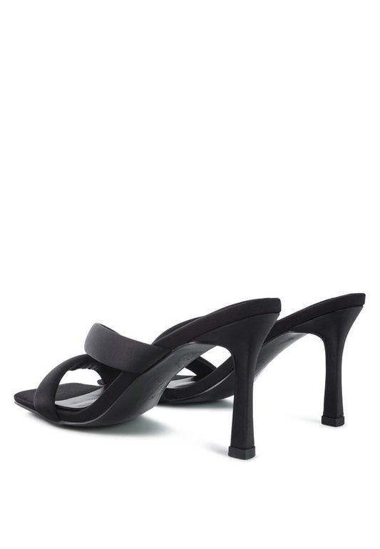 Black satin Spice Up Cross Strap Heels, pair with back angle view