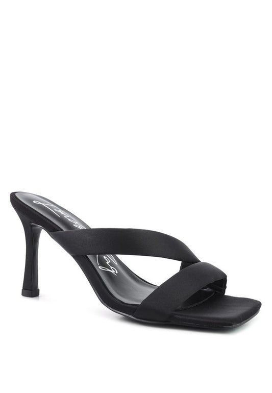 Spice Up Cross Strap Heels in black satin with square toe design