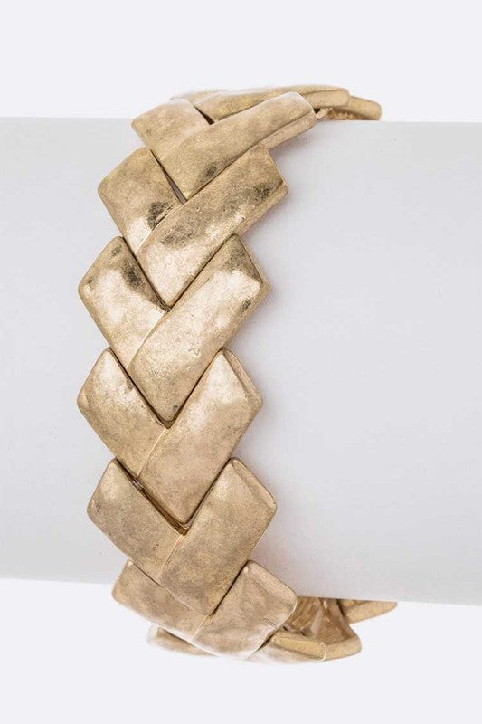 Vintage Chevron Stretch Bracelet in worn gold with 0.75-inch width, chevron pattern, and comfortable stretch cuff design.