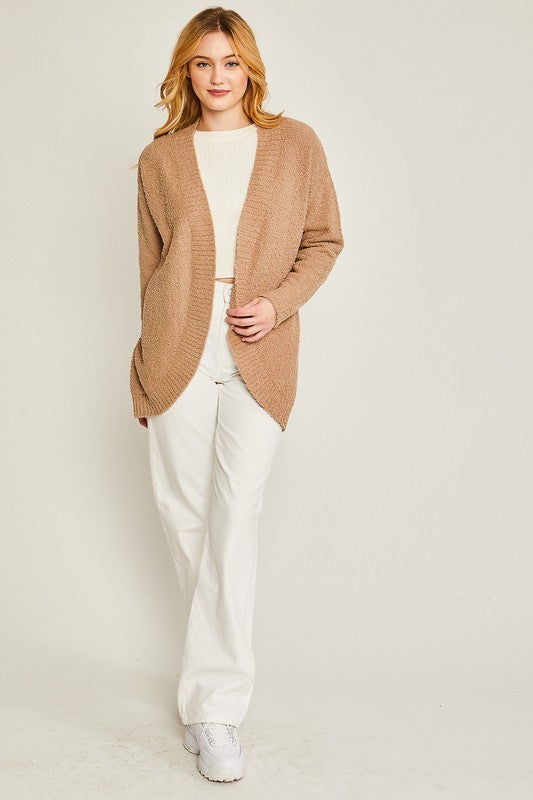 Khaki solid open-front long sweater cardigan with a V-neckline, long sleeves, and a loose fit.