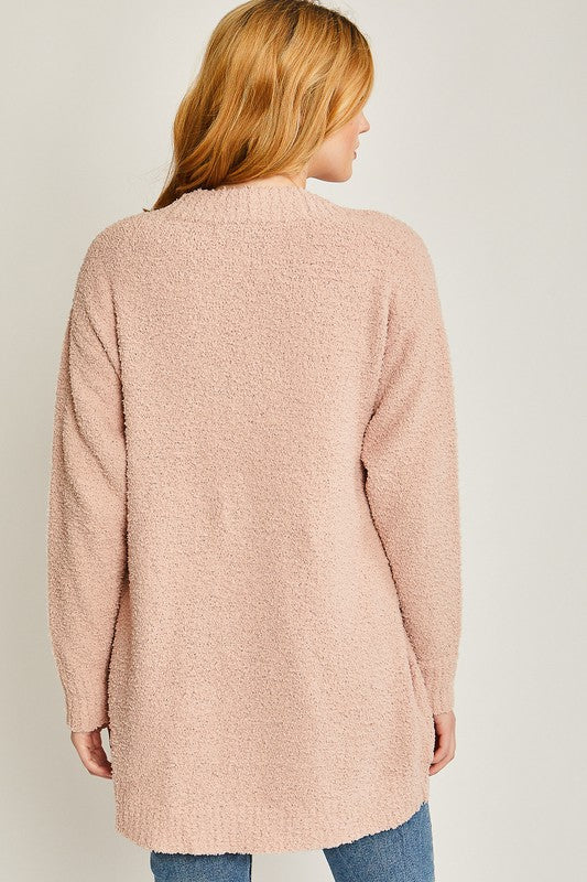 Pink stone solid open-front long sweater cardigan with a V-neckline, long sleeves, and a loose fit.