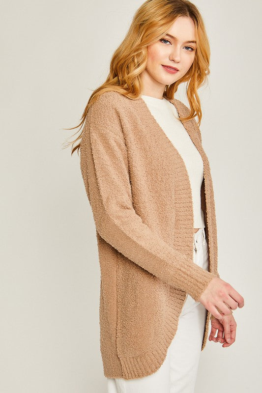 Khaki solid open-front long sweater cardigan with a V-neckline, long sleeves, and a loose fit.