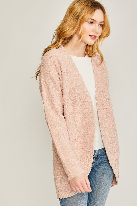 Pink stone solid open-front long sweater cardigan with a V-neckline, long sleeves, and a loose fit.