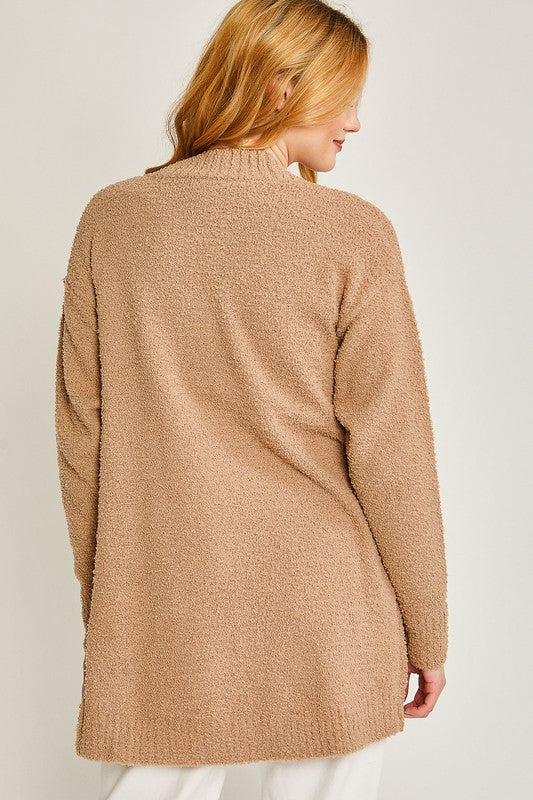 Khaki solid open-front long sweater cardigan with a V-neckline, long sleeves, and a loose fit.