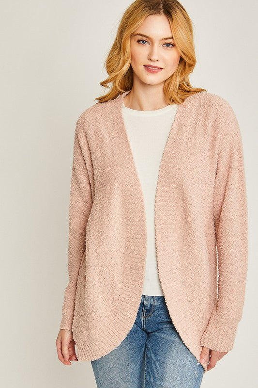 Pink stone solid open-front long sweater cardigan with a V-neckline, long sleeves, and a loose fit.