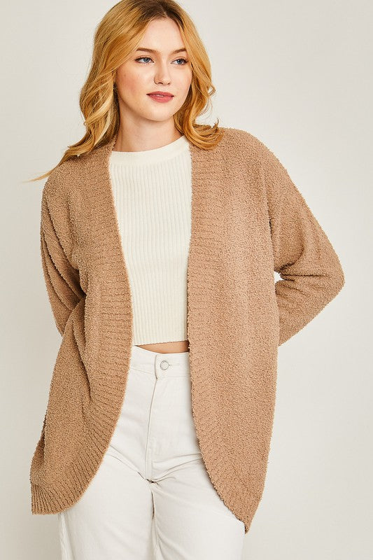 Khaki solid open-front long sweater cardigan with a V-neckline, long sleeves, and a loose fit.