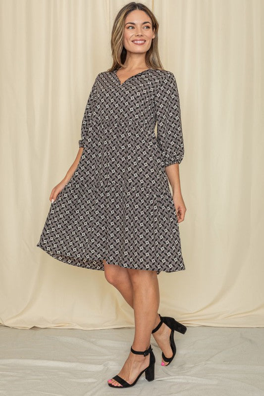 Zalia Square Print Notch Neck Midi Dress