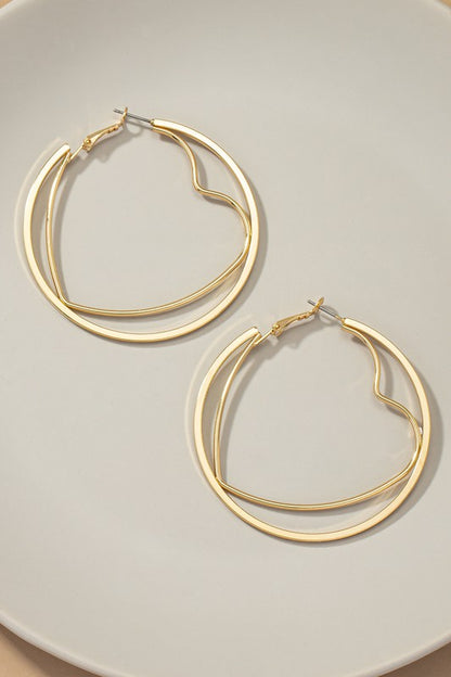 Pair of Circle & Heart Hoop Earrings in shiny gold, featuring heart-shaped hoops nested inside larger circular hoops.