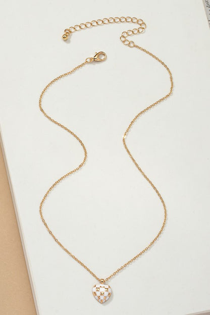 Mayley Checker Heart Pendant Necklace in white with checkered heart charm.