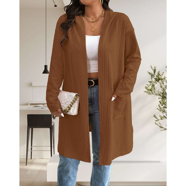 Makeda Hooded Cable Knit Cardigan in brown, front view styled with jeans.