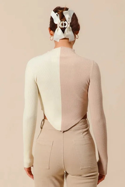 Back view of Bess Crop Sweater Top in taupe and ivory ribbed knit design.
