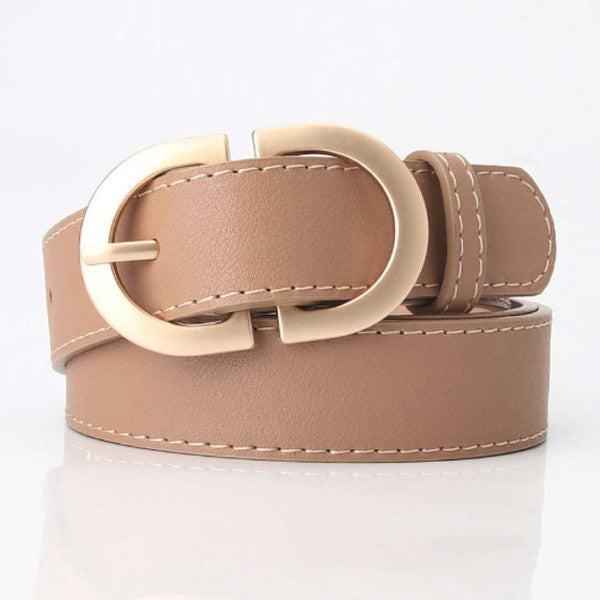 Khaki vegan leather belt with a gold-plated adjustable buckle, measuring 41.3" in length and 1.1" in height.