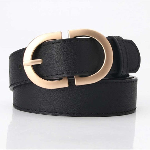 Black vegan leather belt with a gold-plated adjustable buckle, measuring 41.3" in length and 1.1" in height.