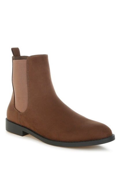 Front angle of Ayasa Low Block Heel Chelsea Boots in Brown faux suede with round toe