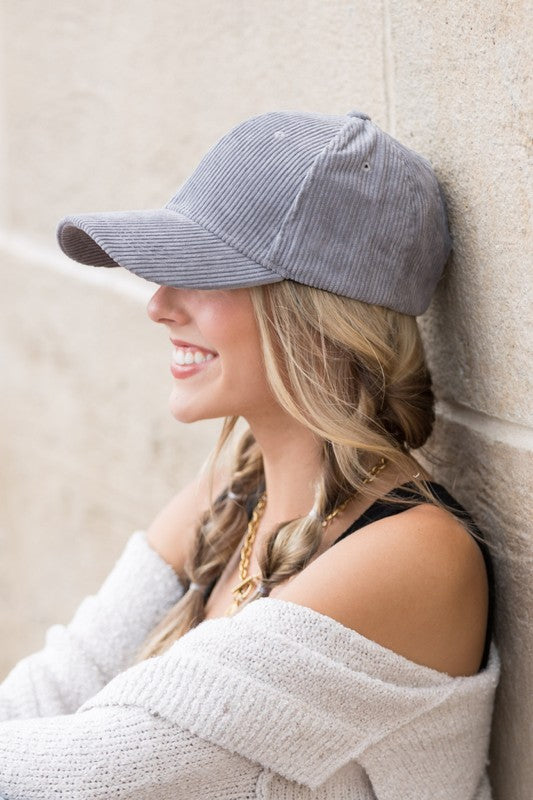 Lindy Corduroy Boyfriend Ball Cap in Gray, corduroy finish and curved brim