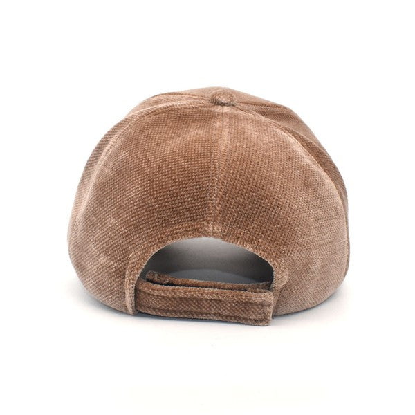 Back view of taupe velour ball cap with adjustable velcro closure