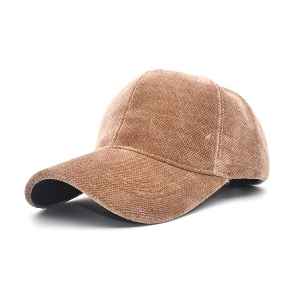 Taupe velour ball cap close up showing crown structure and velcro strap