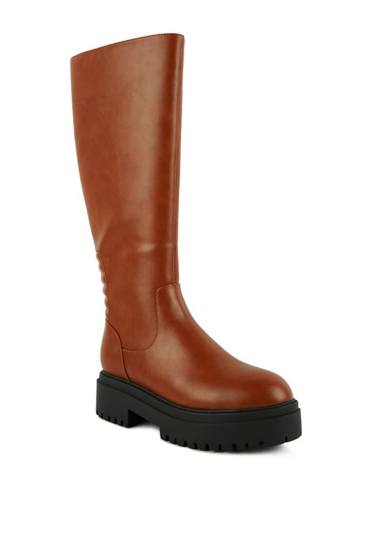 Tan vegan leather platform knee-high boots with round toe, 2" heel, zipper closure, and durable TPR sole.