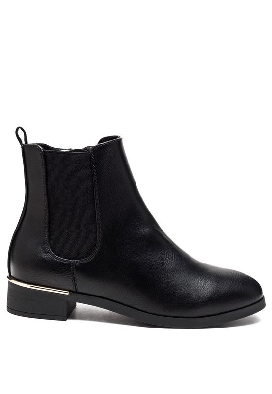 Black Yacht Winter Ankle Boots with gold heel accent and side zipper.