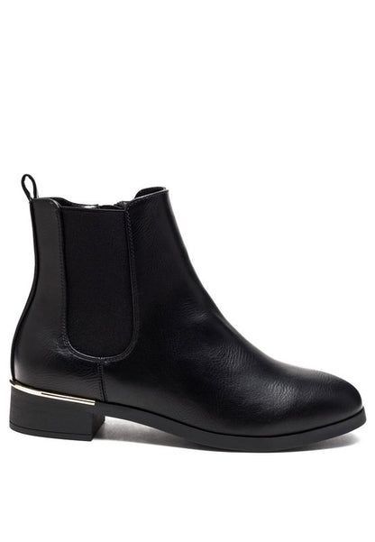 Black Yacht Winter Ankle Boots with gold heel accent and side zipper.