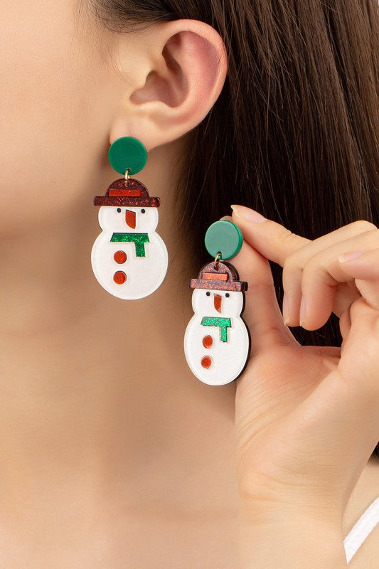 Acrylic Snowman drop earrings, 1.10" x 2.25", lightweight and festive design.