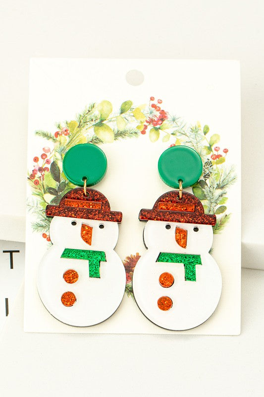 Acrylic Snowman drop earrings, 1.10" x 2.25", lightweight and festive design.