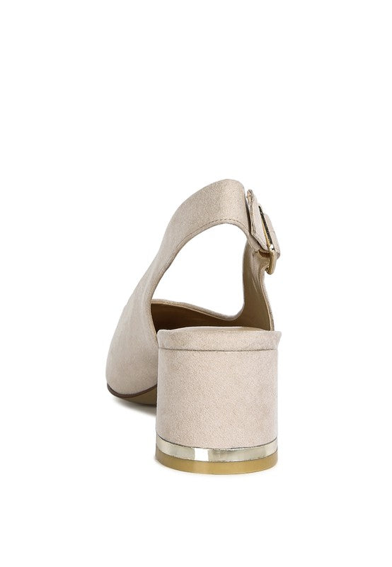 Top Job Slingback Sandals in beige back view with metallic heel accent