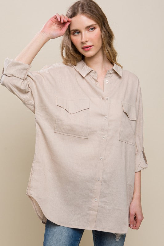 Dallas Linen Oversized Double Pocket Button Down Shirt