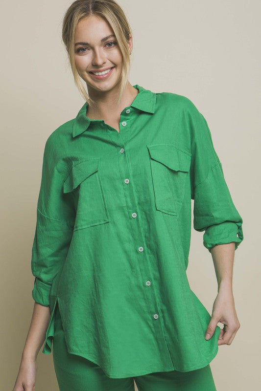 Dallas Linen Oversized Double Pocket Button Down Shirt