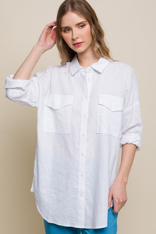 Dallas Linen Oversized Double Pocket Button Down Shirt